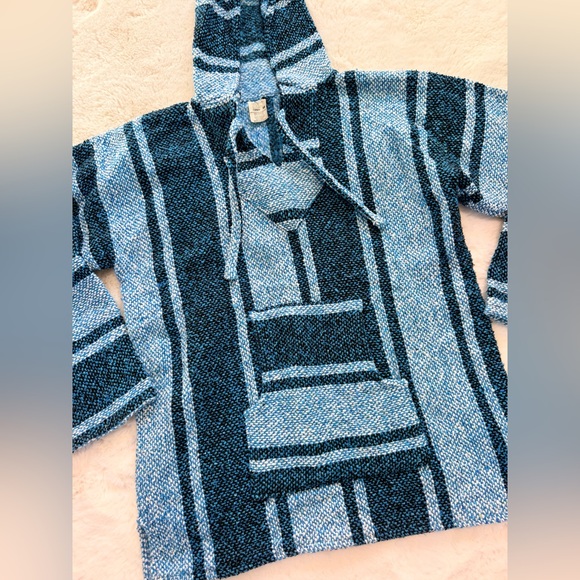💫Vintage 90s Mexicana Blue Knit Poncho Baja Surfer Hoodie Hippie Pullover - Picture 3 of 11